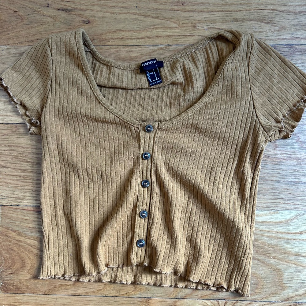 Forever 21 Camel Ribbed Button-Front Blouse